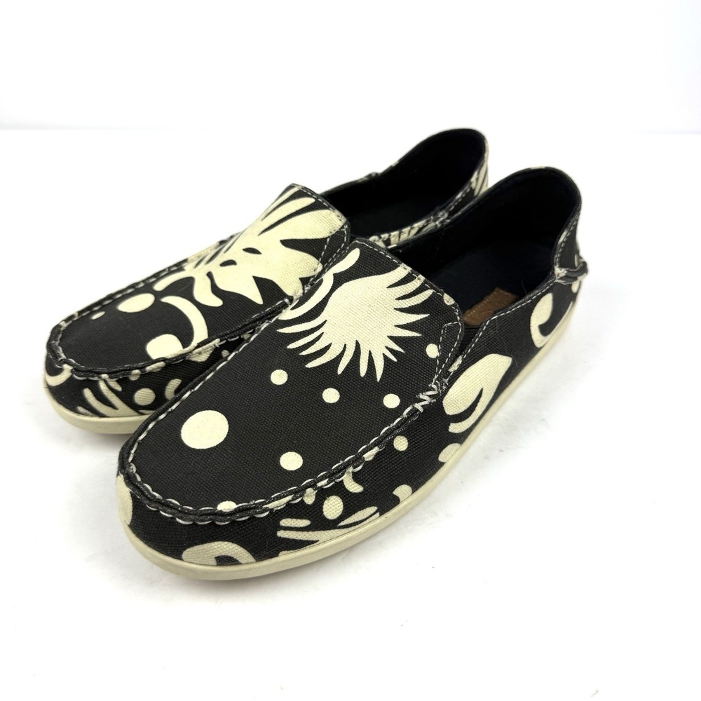 OluKai Nohea‎ Canvas Print Shoes 8.5 Womens Black Ivory Tropical Loafer Slip On